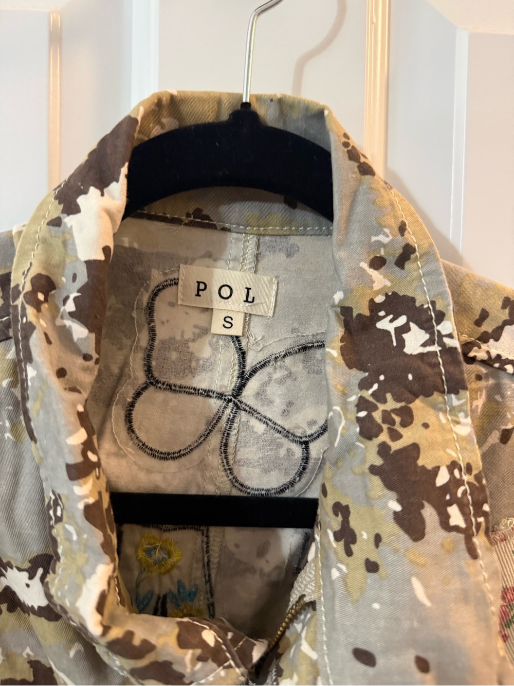 POL Women's Camo Patchwork Jean Jacket with Red Number Accent - Picture 3 of 5